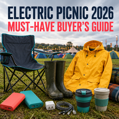 Electric Picnic 2026 festival essentials, including a camping chair, raincoat, boots, power banks, phone chargers and reusable cups.-keans-claremorris