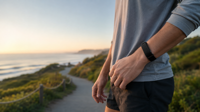 Runner wearing a black Garmin CIRQA screen-free fitness tracker on a coastal trail at sunrise.