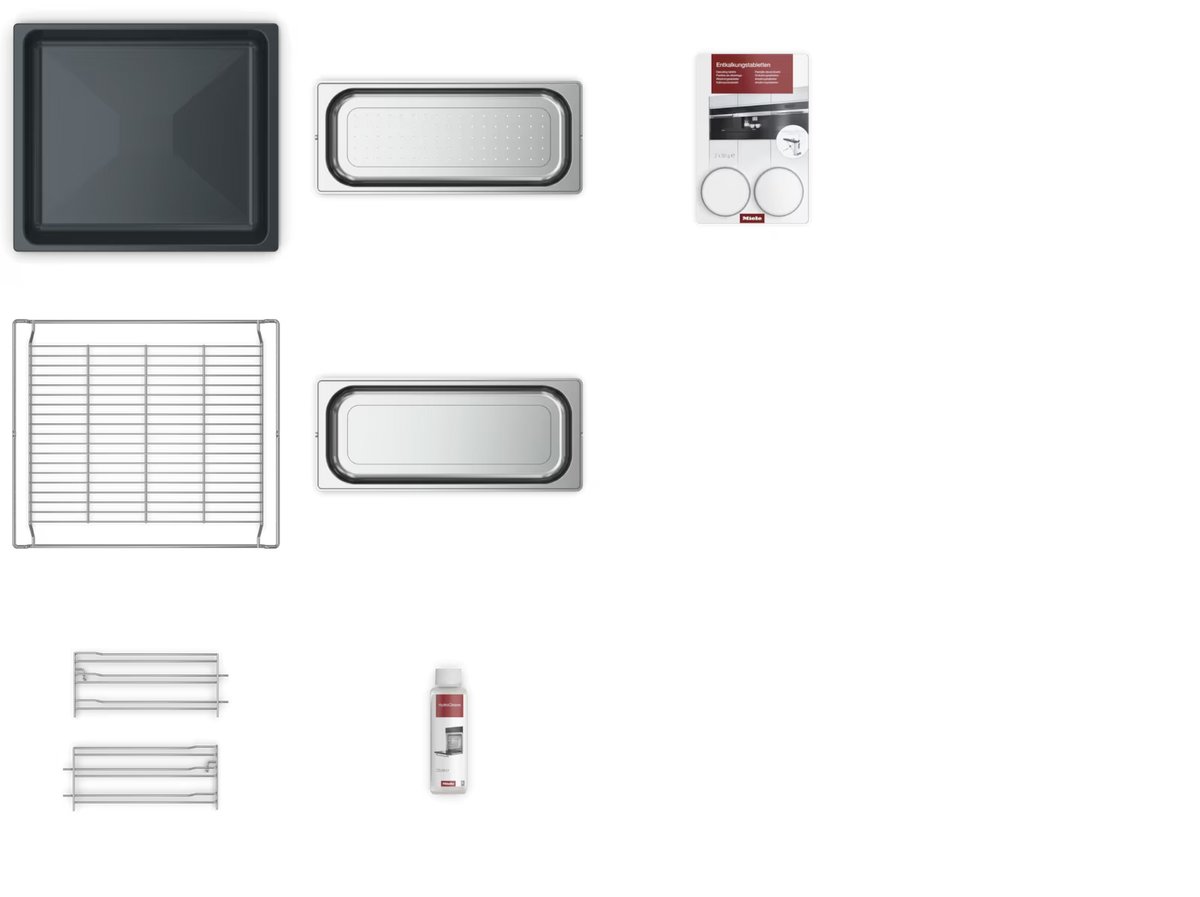 Accessories for Miele DGC 7440 HC Pro VitroLine Steam Oven including trays, racks, cleaning bottle, and descaling tablets.