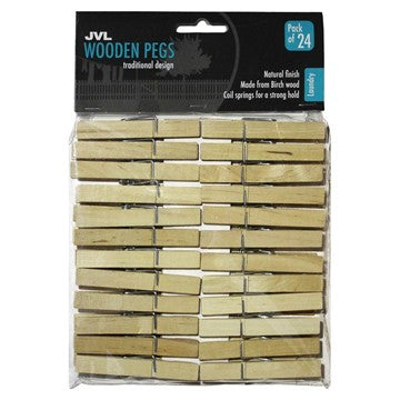 Pack of 24 wooden clothes pegs with metal springs, arranged in four rows inside clear plastic packaging.