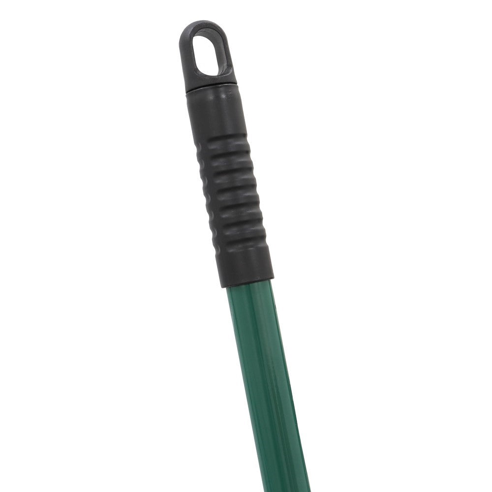 Close-up of the green extendable handle with black grip and hanging loop on The Gardener Hard Bristle Broom