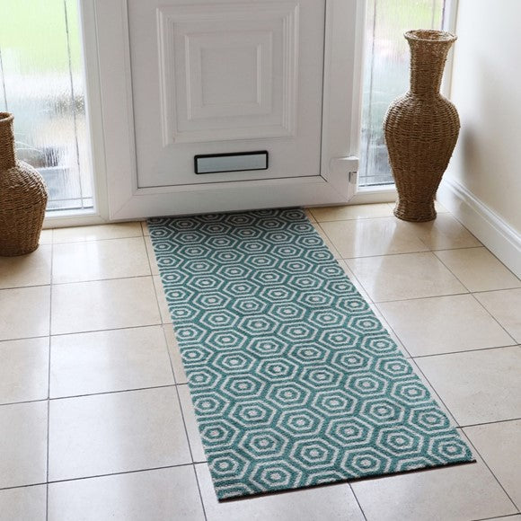 Mega Runner geo hex 57x150cm teal absorbent runner mat with non-slip back, washable, ideal for entrances - Keans Claremorris