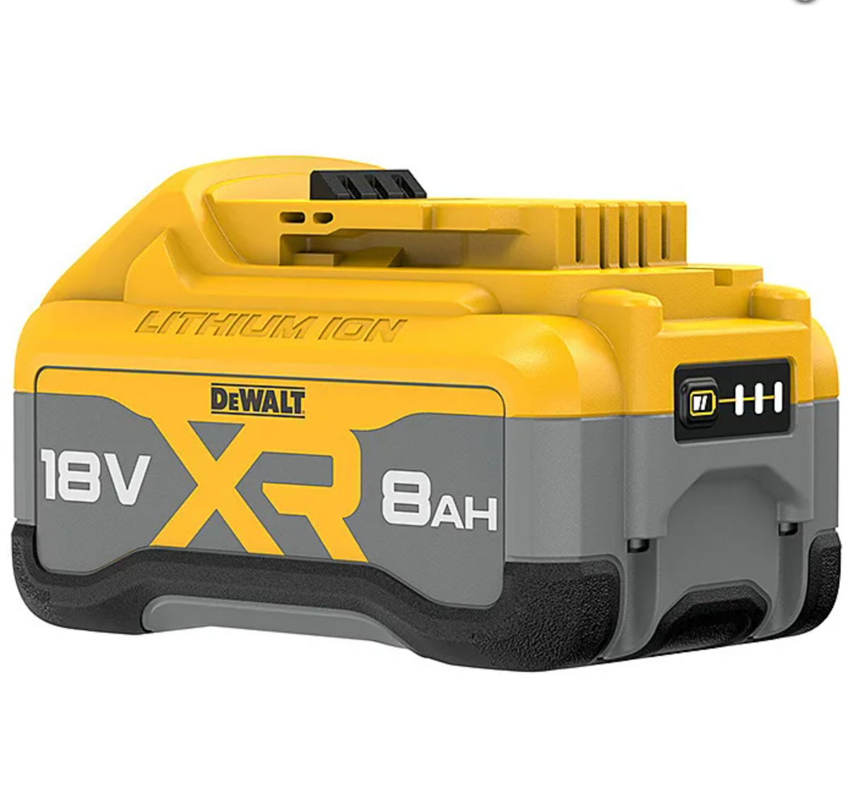 DeWalt XR 18V 8.0Ah lithium-ion battery pack with LED charge indicator and yellow-gray casing.