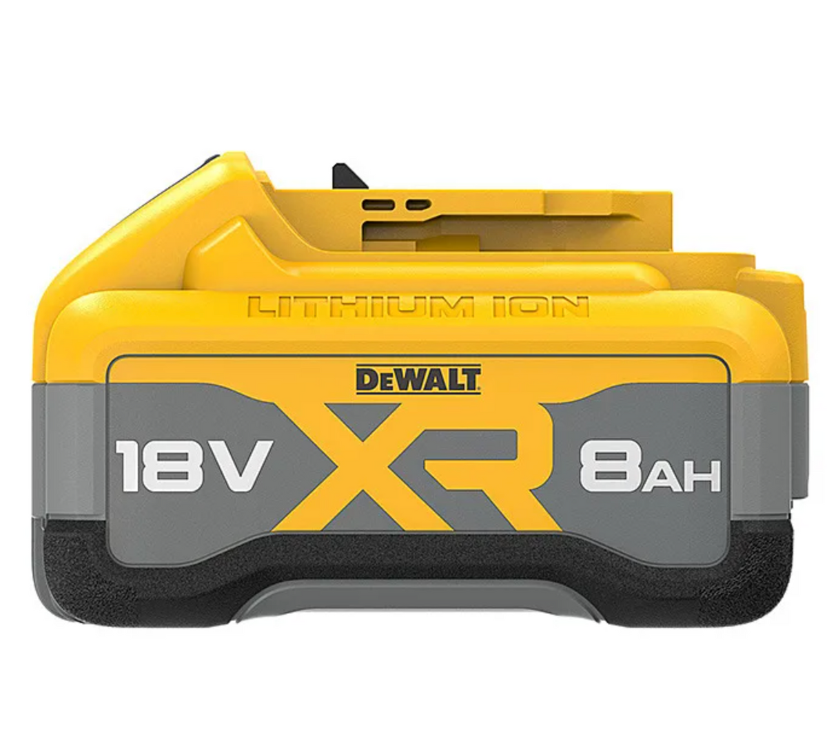 DeWalt XR 18V 8.0Ah lithium-ion slide battery pack with yellow and gray casing, side view.