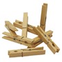 Twenty-four natural wooden clothes pegs scattered on a white background.