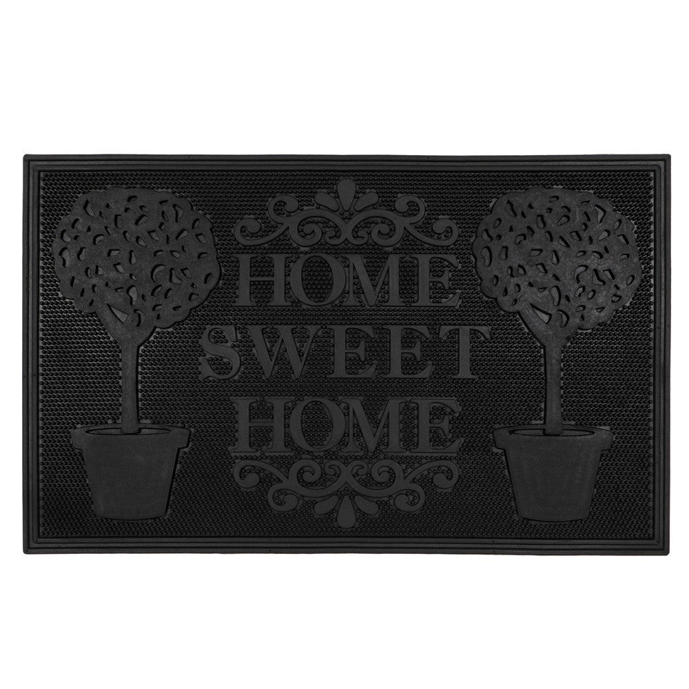 Black rubber scraper mat with "Home Sweet Home" text and two potted tree designs, 45x75cm.