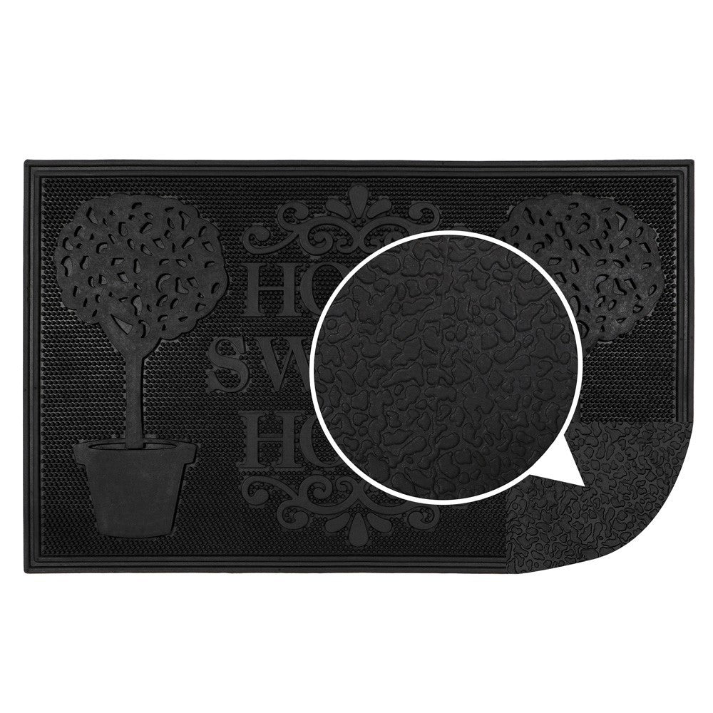 Black rubber scraper mat with "Home Sweet Home" text and potted tree design, showing textured underside.