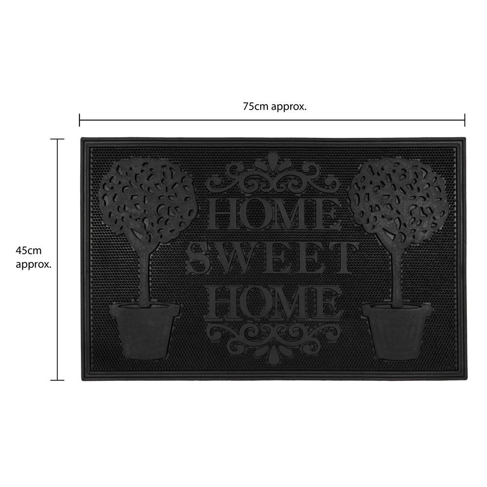 Black rubber scraper mat with "Home Sweet Home" text and two potted tree designs, 45x75cm.