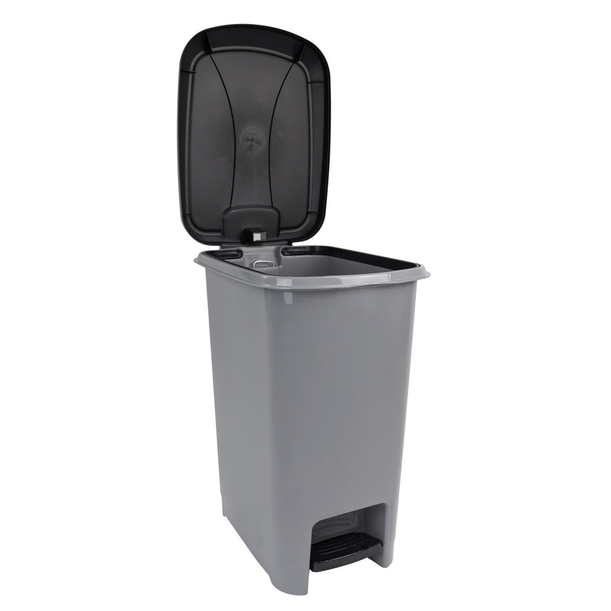 JVL Slim Pedal Bin 10L in grey plastic with open black lid and foot pedal at base, front view.
