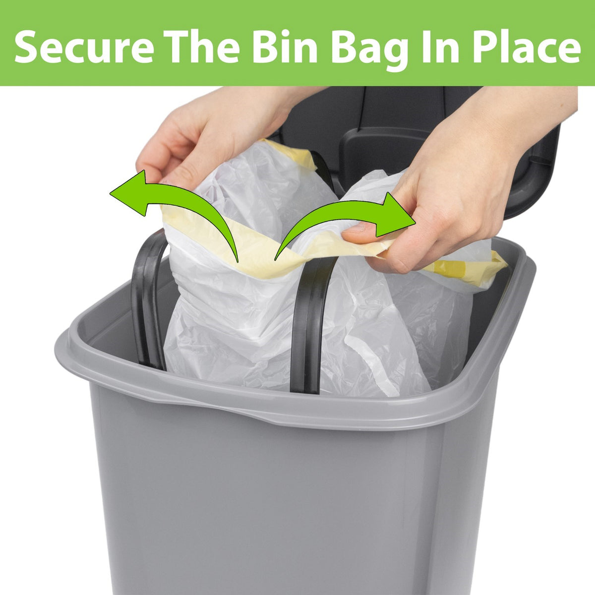 Hands securing a bin bag inside a grey JVL Slim Pedal Bin with black handles and open lid