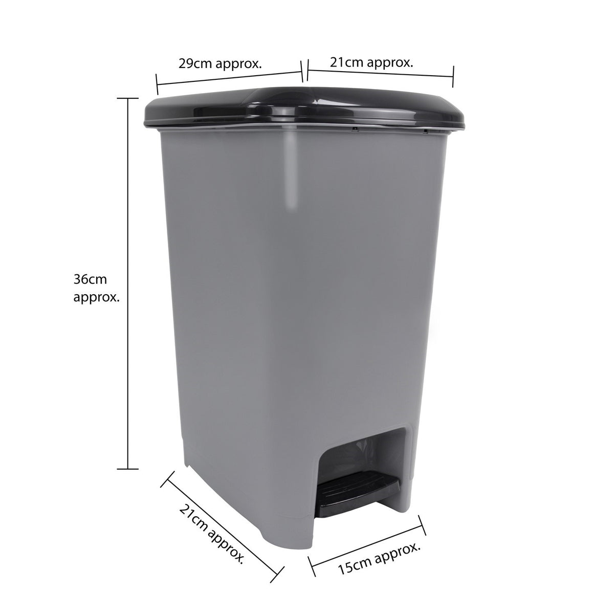 Grey JVL Slim Pedal Bin with black lid, shown with approximate dimensions and foot pedal visible