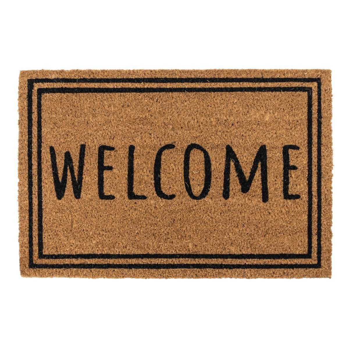 Rectangular coir doormat with black double border and "WELCOME" text in the center, 40x60cm.