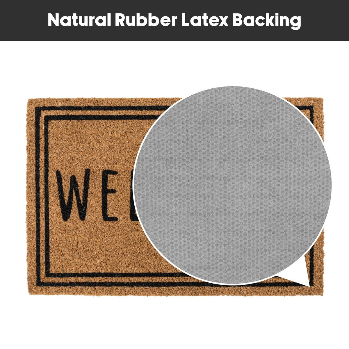 Rectangular coir doormat with "WELCOME" text and double black border, showing latex rubber backing close-up.