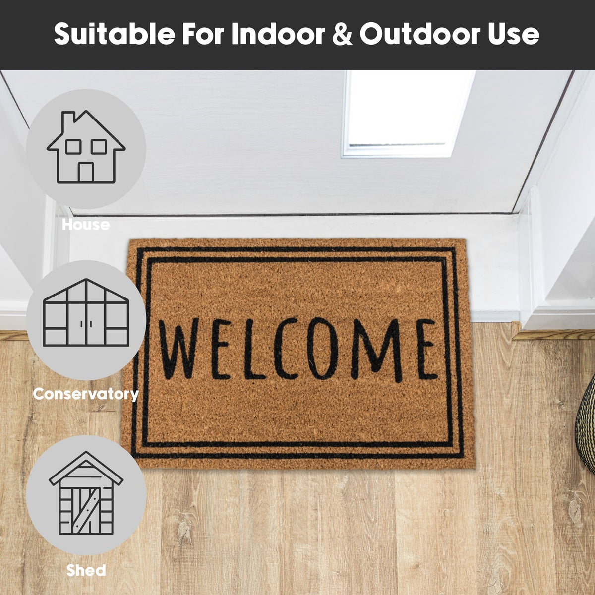 Latex coir doormat with "WELCOME" text and double border, placed on wooden floor in front of a white door.
