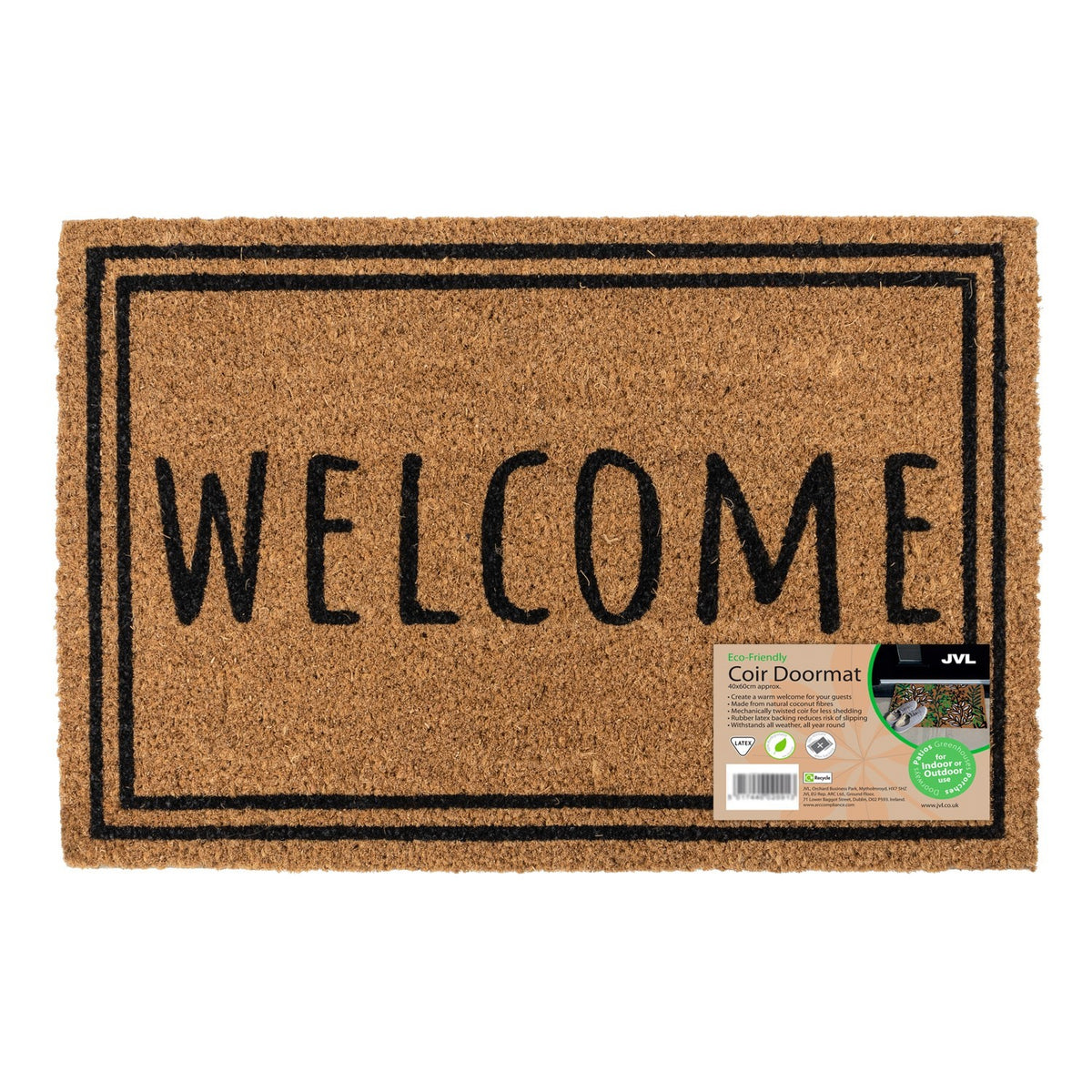 Rectangular natural coir doormat with black double border and "WELCOME" text, label attached bottom right.