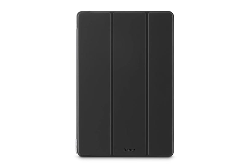 Black Hama Samsung A11+ 11" stylus case with tri-fold cover and transparent back panel.