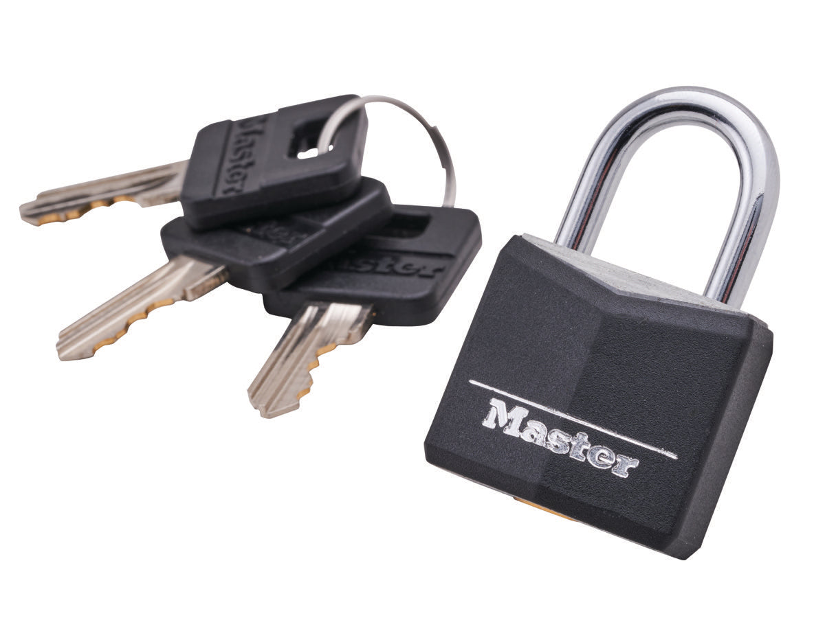 Master Lock 30mm black padlock with three keys on a keyring, isolated on white background.