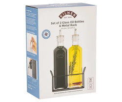 Set Of 2 Oil Bottles & Metal Rack 0.6 Litre