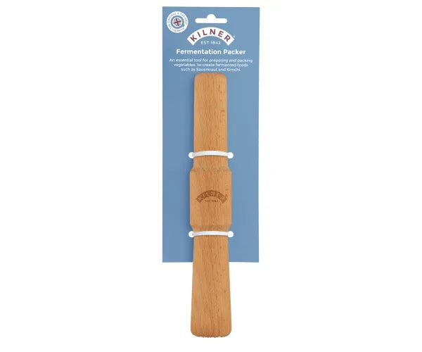 Kilner wooden fermentation packer on blue backing card with product information text.