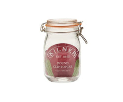 Clip Top Round Jar 1 Litre airtight glass storage container by Keans Claremorris, ideal for kitchen organization.