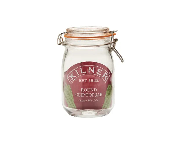 Clip Top Round Jar 1 Litre airtight glass storage container by Keans Claremorris, ideal for kitchen organization.