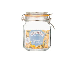 Clip Top Square Jar 1 Litre airtight glass storage container by Keans Claremorris, ideal for kitchen organization.