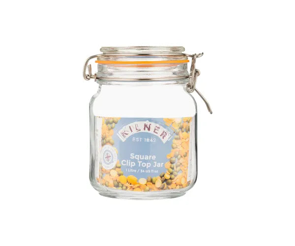 Clip Top Square Jar 1 Litre airtight glass storage container by Keans Claremorris, ideal for kitchen organization.
