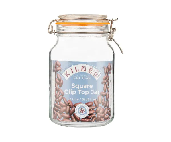 Clip Top Square Jar 1.5 Litre airtight storage container, durable glass, Keans Claremorris kitchen jar