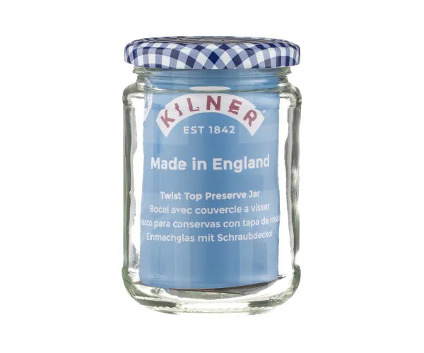 Kilner Round Twist Top Jar 370ml with blue gingham lid and label stating Made in England