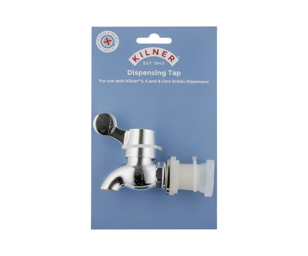 Kilner chrome drinks dispenser tap replacement on blue branded packaging card