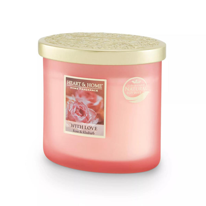 With Love 2 Wick Ellipse Candle, fruity rhubarb yuzu rose scent, 40hr burn, vegan soy wax, frosted glass, Keans Claremorris