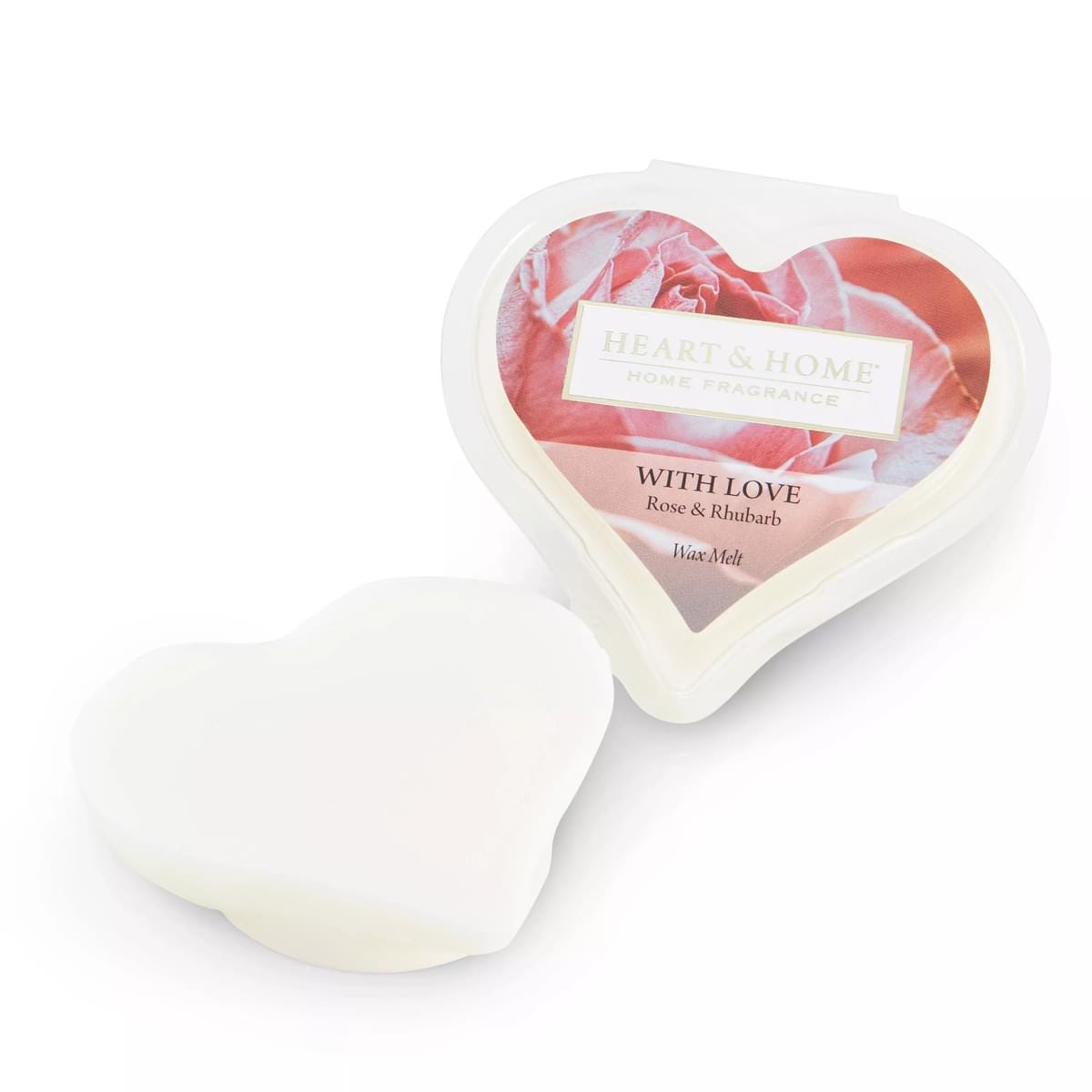 Heart-shaped white wax melt next to its heart-shaped packaging labeled "With Love Rose & Rhubarb