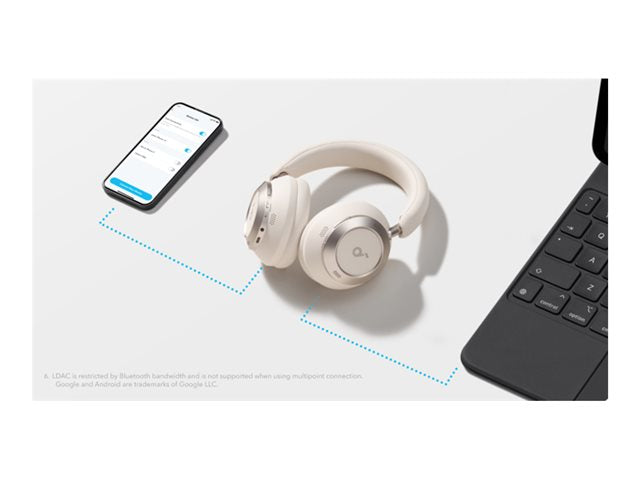 Soundcore Space One Pro white headphones next to a smartphone and laptop on a white surface.