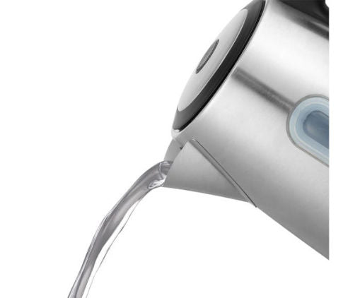 Russel Hobbs Heaton Kettle pouring water, showing stainless steel body and water level indicator.