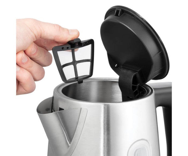 Russel Hobbs Heaton Kettle with open lid and hand removing the removable filter from the spout.