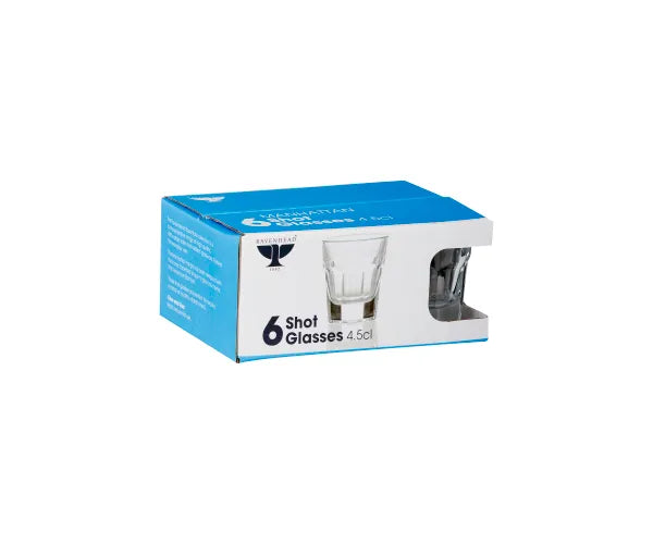 Box of six 4.5cl clear shot glasses with blue and white packaging showing one glass through a window.