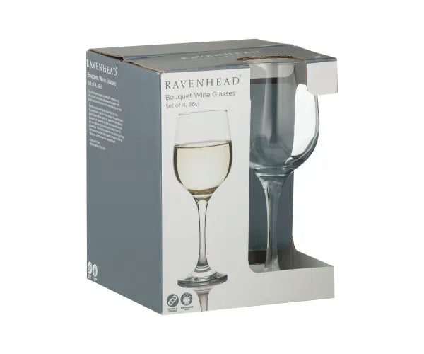 Ravenhead Bouquet set of 4 clear wine glasses 36cl in partially open grey and white box with one glass visible