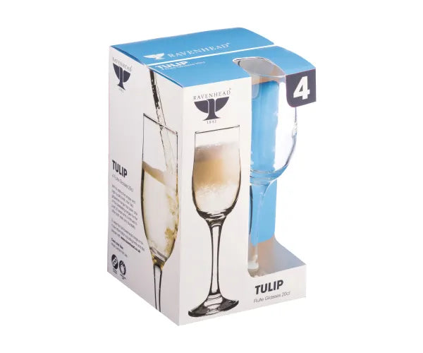 Pack of 4 Tulip flute glasses 20cl in white and blue packaging with one glass partially visible