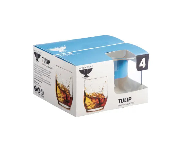 Pack of four Ravenhead Tulip 29cl mixer glasses in blue and white retail box with window display.