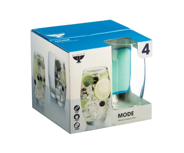 Pack of 4 Ravenhead Mode hiball glasses 48cl in blue and white box with one glass visible through window