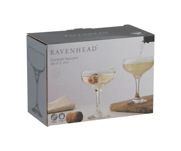 Ravenhead Entertain Set of 2 cocktail saucer glasses 20cl in packaging with image of filled glasses on front