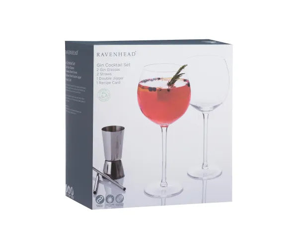 Entertain Gin Cocktail Set box showing two gin glasses, a double jigger, and two straws.