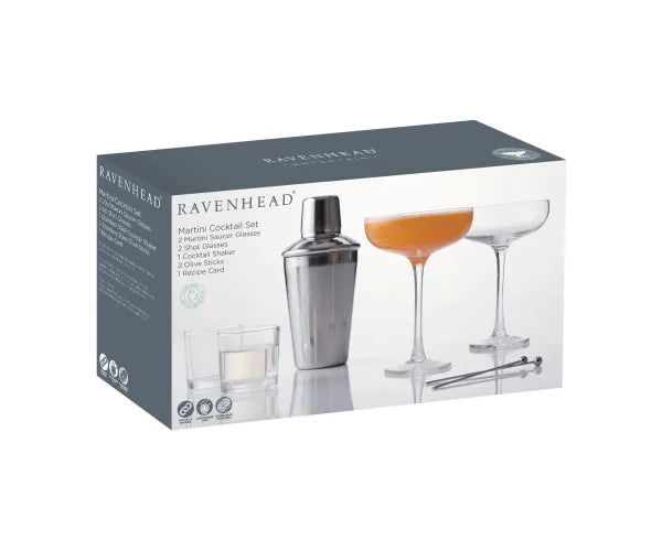 Ravenhead Entertain Martini Cocktail Set box showing shaker, two martini glasses, two sticks, and a recipe card.
