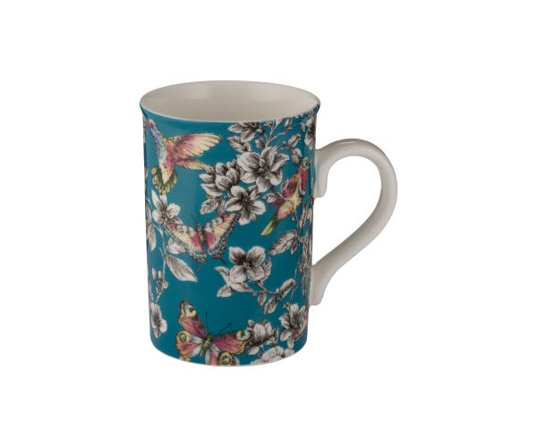 Hummingbird Floral Teal 300ml fine china mug with hummingbird and butterfly design, dishwasher & microwave safe – Keans