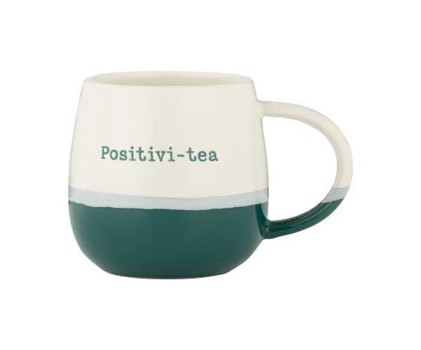 Price & Kensington Positivi-Tea mug with cream top, green bottom, and "Positivi-tea" text on the side.