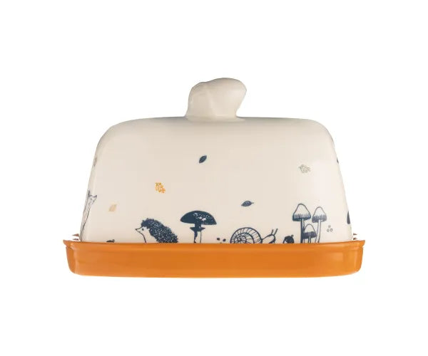 Price & Kensington Woodland Butter Dish with cream lid featuring woodland animal and mushroom illustrations on an orange