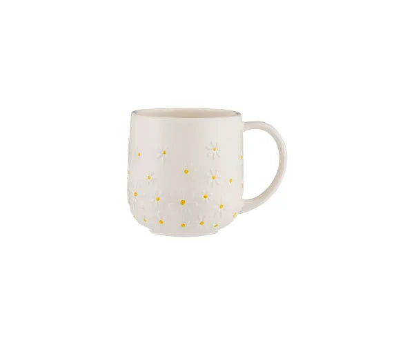 White Daisy Mug 360ml with embossed flowers and hand-painted yellow centers, microwave and dishwasher safe – Keans