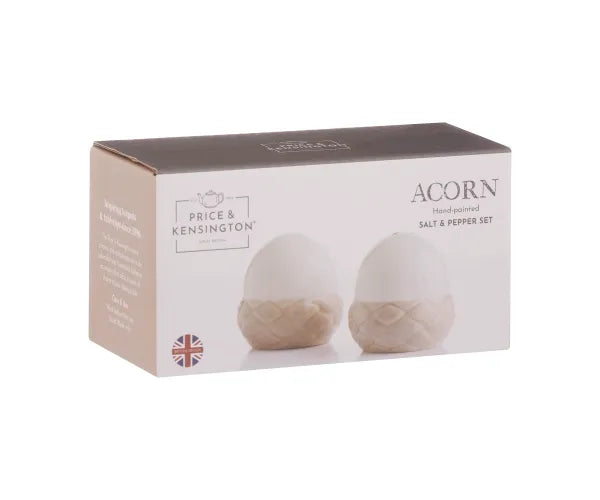 Boxed Acorn Salt & Pepper Set by Price & Kensington, showing white acorn-shaped shakers with textured bases.