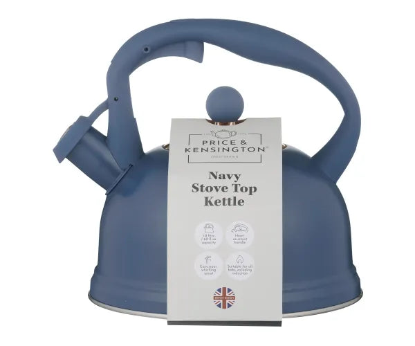 Navy stovetop kettle with curved handle and spout cover, labeled Price & Kensington, 1.8L capacity.