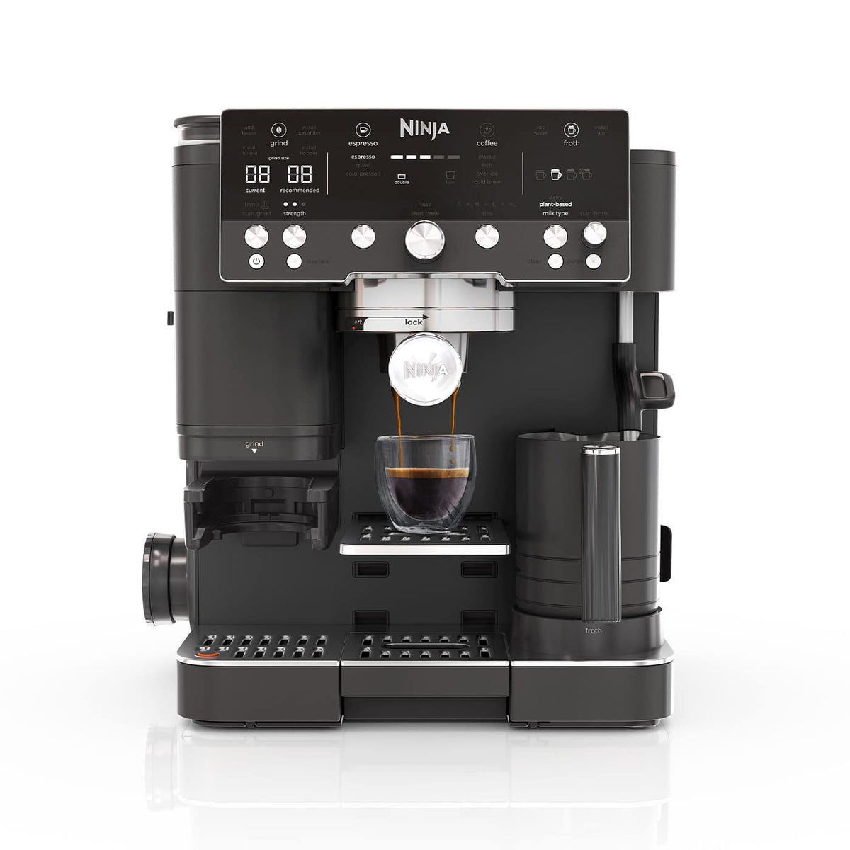 Ninja Luxe Café Espresso Machine in black with espresso pouring into a glass and milk frother on the side.